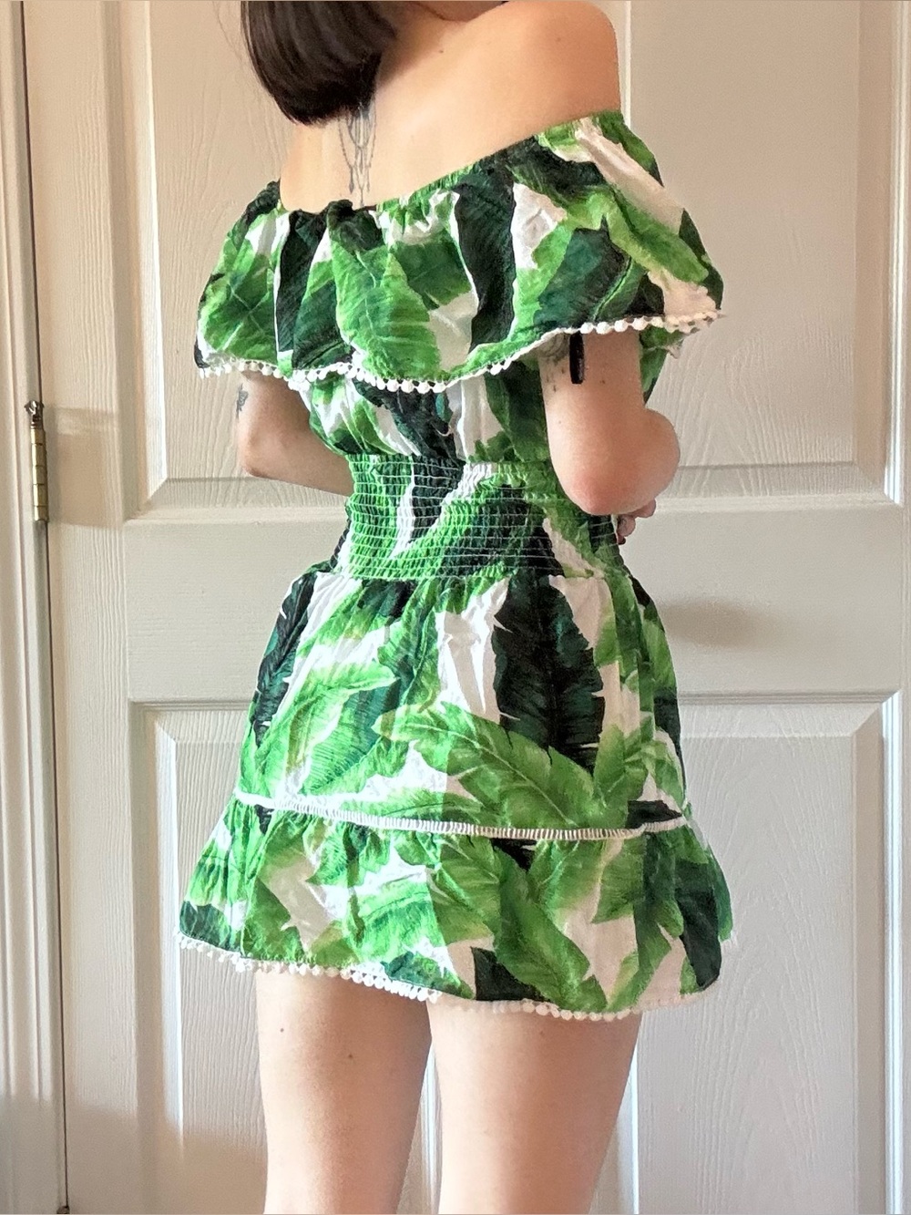 Tropical Leaf Print Off The Shoulder Vacation Mini Dress - Picture 2 of 6